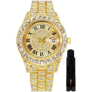 Men XL Face Gold Iced-Out Bling Diamond Luxury Quartz Hip Hop Watch